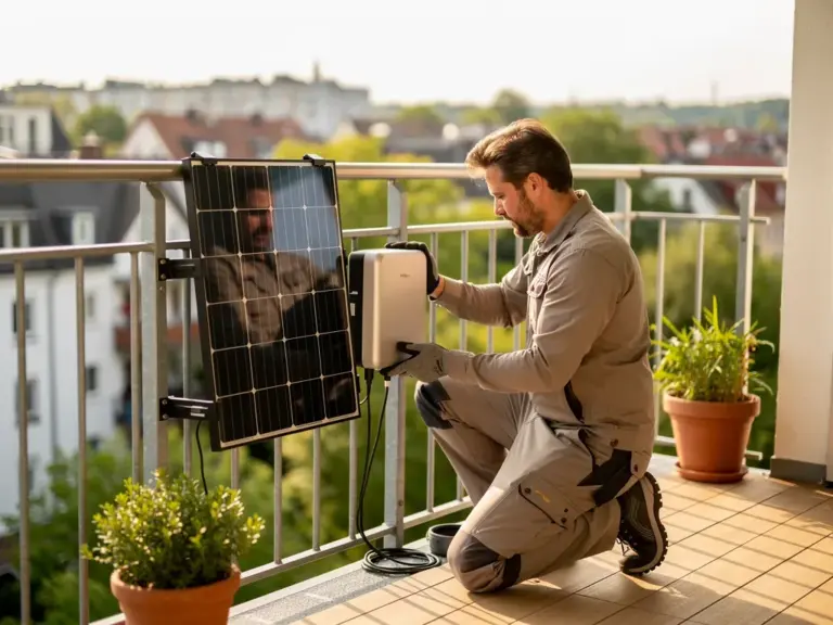 Moderner Balkon PV Wechselrichter wandelt Solarstrom effizient in netzkonformen Wechselstrom um