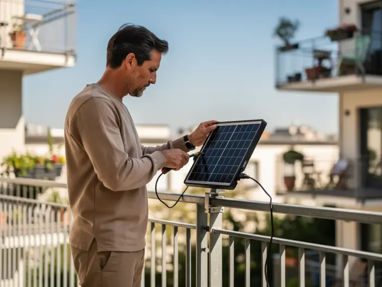 Balkonkraftwerk 600W auf Balkon montiert mit Solarmodulen und Wechselrichter