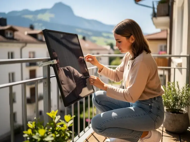 Balkonkraftwerk auf österreichischem Balkon mit Solarpanel bei Sonnenschein