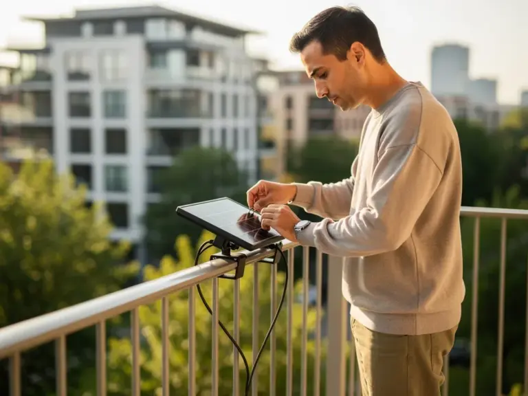 Balkonkraftwerk auf Balkon installiert wandelt Sonnenlicht in Haushaltsstrom um
