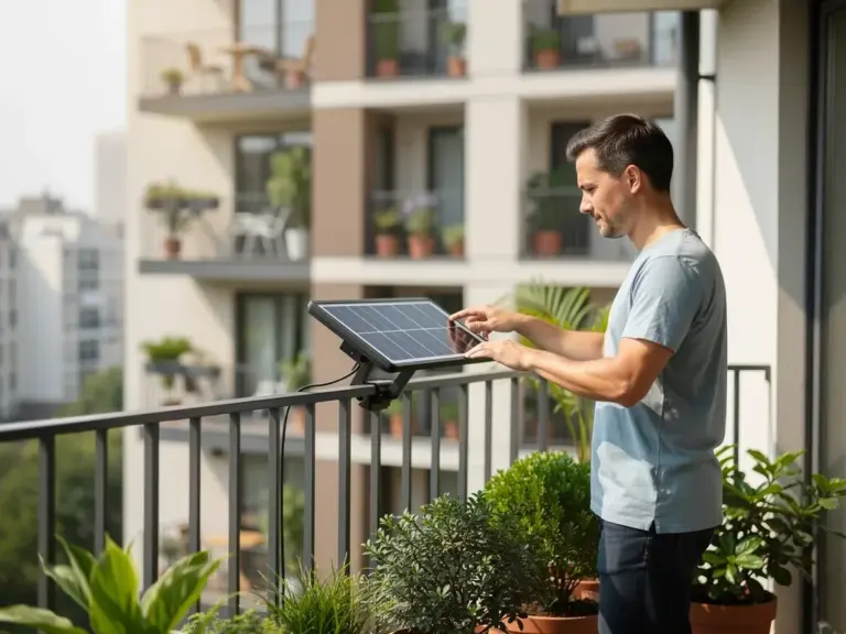 Solarmodule eines Balkonkraftwerks auf Balkon mit Sonnenlicht und Ausrichtung