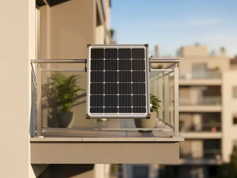 Balkonkraftwerk mit Solarmodulen und Wechselrichter an Balkon montiert