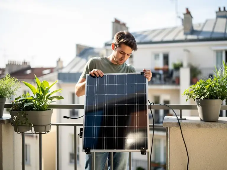 Moderner Balkonkraftwerk Aufbausatz mit Solarmodulen und Anschluss für Balkone