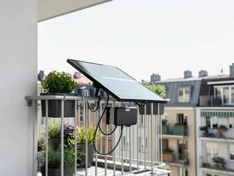 Kleines Balkonkraftwerk montiert auf Balkon mit begrenzter Fläche und Solarmodulen