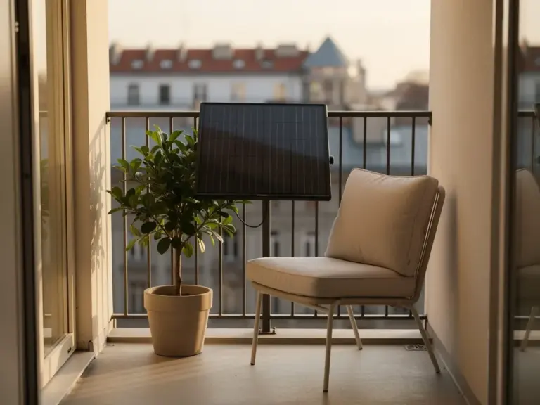 Kompaktes Balkonkraftwerk mit monokristallinen Modulen auf kleinem Stadtbalkon montiert