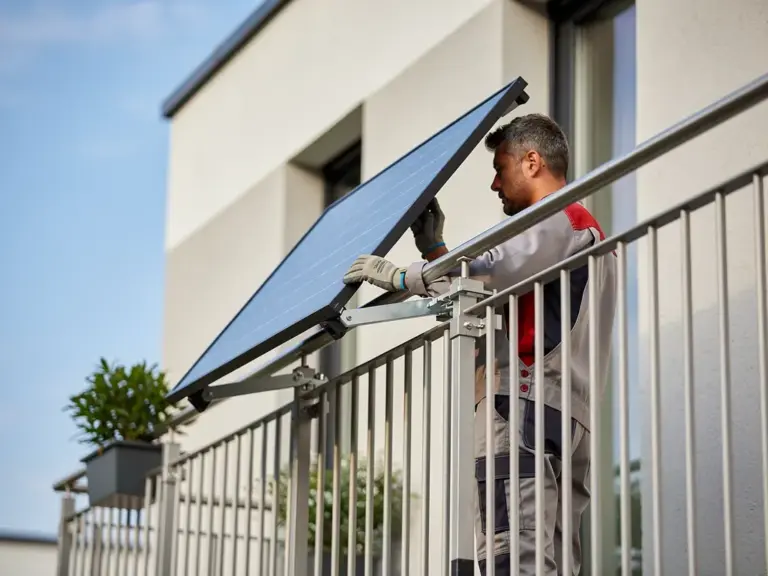 Montagesystem für Balkonkraftwerk auf Balkon mit Solarmodulen befestigt