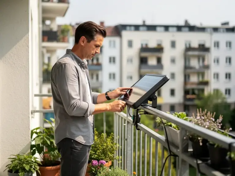Balkonkraftwerk auf Balkon mit Solarpanel und Steckdose in Wohnhausumgebung