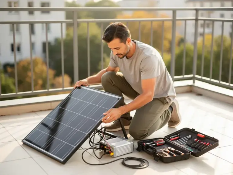 Techniker prüft Wechselrichter und Solarmodul bei Balkonkraftwerk Reparatur kontrolliert