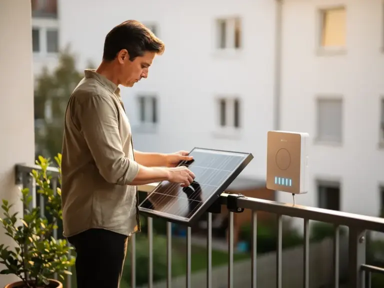 Balkonkraftwerk steuern und steuerliche Vorteile richtig nutzen Balkonkraftwerk auf Balkon mit Steuergerät und App zur Energieoptimierung