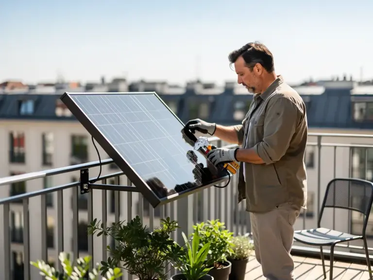 Balkonkraftwerk Testsieger 2024 mit bifazialen Modulen auf modernem Balkon installiert