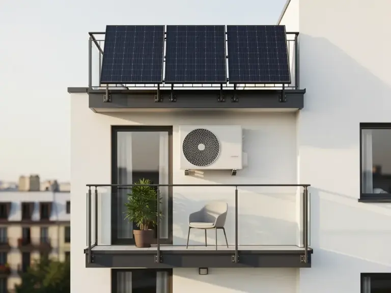 Balkonkraftwerk auf Balkon liefert Solarstrom für wirtschaftliche Wärmepumpennutzung