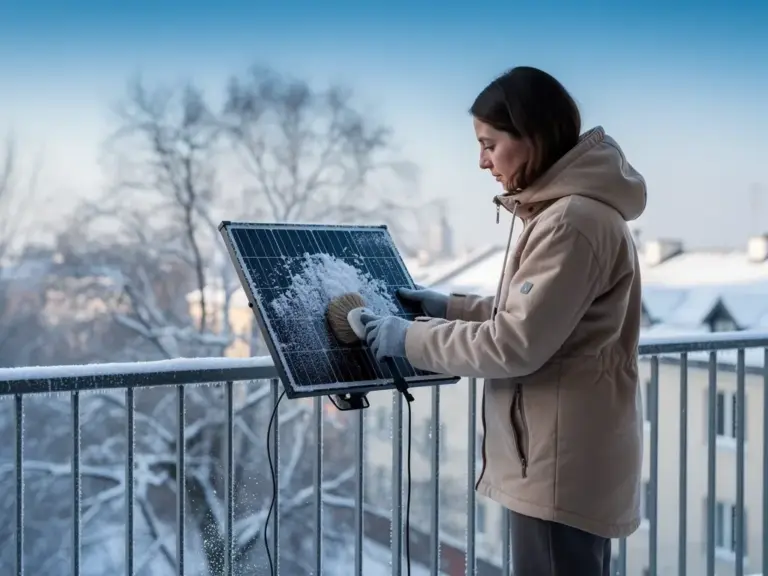 Balkonkraftwerk Winter effizient nutzen mit praktischen Tipps zum Frostschutz Balkonkraftwerk im Winter auf Balkon mit Schnee und Frostschutzmaßnahmen
