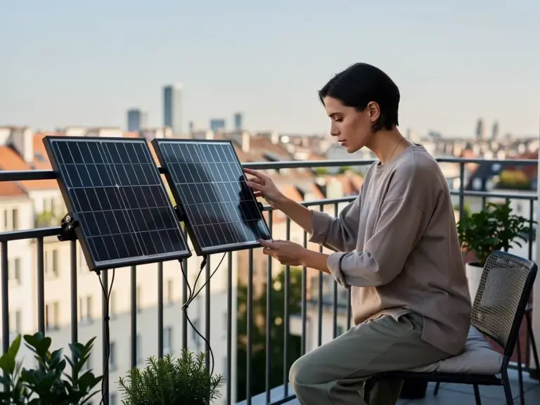 Photovoltaik-Balkonkraftwerk auf Balkon mit digitalem Stromzähler zur Einspeisevergütung
