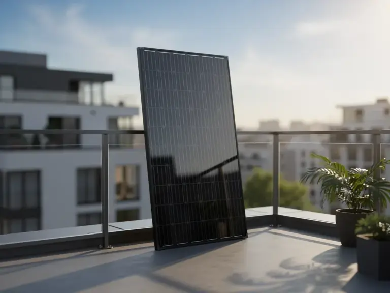 Greenakku 600W bifazial im Test Erfahrungsbericht zum Stromertrag der Module Greenakku 600W bifazial Solarmodul auf Balkon mit reflektierenden Flächen im Test