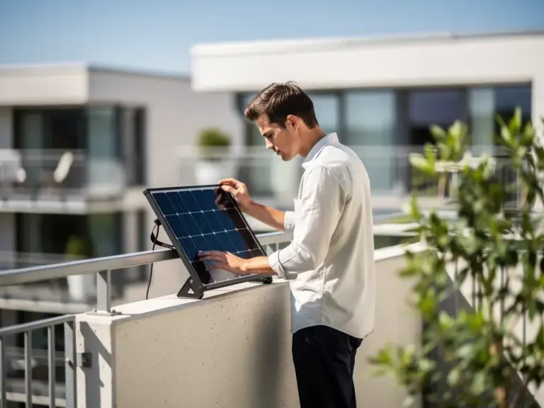 Balkonkraftwerk auf Balkon montiert symbolisiert Haftungsfragen bei Schäden und Installation