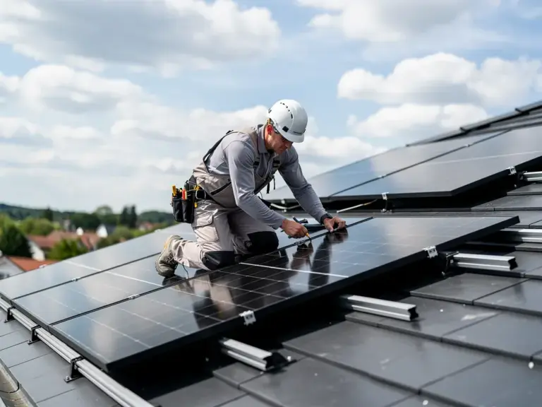 Jinko Solar Tiger Neo 440Wp Solarmodul auf Wohnhausdach in sonniger Umgebung