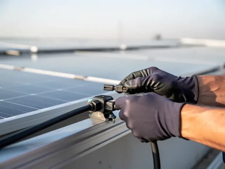 Nahaufnahme einer MC4 Kabel Steckverbindung PV mit Werkzeugen für Installation