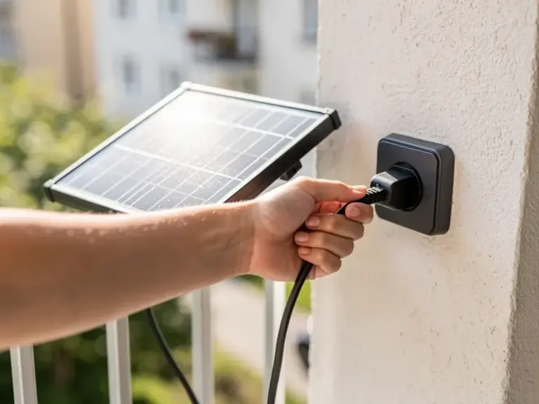 Kleines Solarpanel mit Steckdose auf Balkon als flexible Solarlösung für Mieter