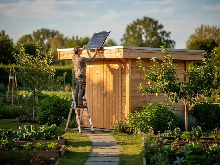 Kleingarten mit installiertem Balkonkraftwerk und Solarzellen auf Gartenlaube
