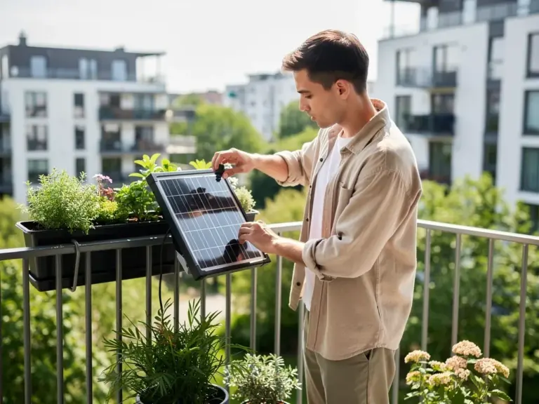 Mini Balkonkraftwerk auf Balkon montiert mit Solarmodulen und Speicher 2026