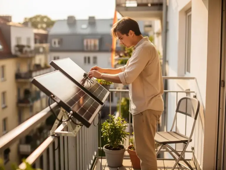 Mini PV Anlage auf Balkon montiert für nachhaltige Stromerzeugung zuhause