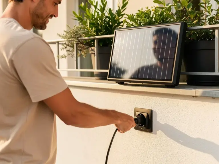 Mini Solaranlage an Steckdose installiert für einfaches Balkonkraftwerk Zuhause