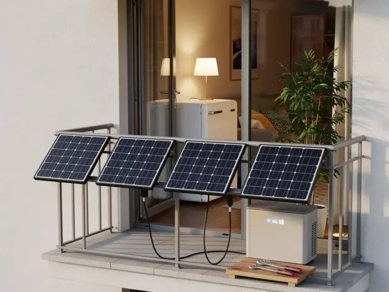 Off grid Balkonkraftwerk mit Solarmodulen und Batteriespeicher für autonome Stromversorgung