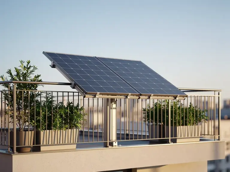 Priwatt priFlat Duo 800W bifaziale Solarmodule auf Balkon in hellem Tageslicht
