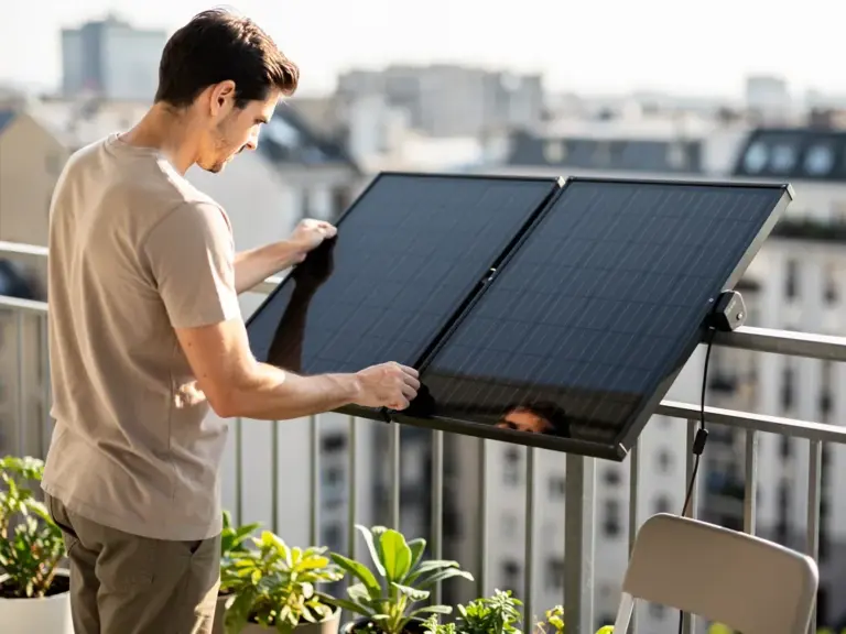 Priwatt priFlat Duo Balkonkraftwerk mit zwei Solarmodulen auf Balkon montiert