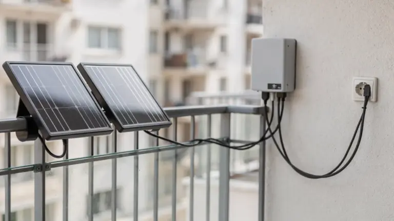 Balkonkraftwerk: Wann es für den Haushalt wirklich reicht Balkonkraftwerk mit zwei Solarmodulen auf einem Wohnungsbalkon und angeschlossenem Wechselrichter