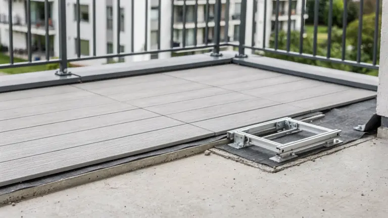 Sanierter Balkon mit Geländer, Bodenaufbau und vorbereiteter Halterung für ein Balkonkraftwerk