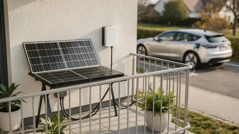 Balkonkraftwerk mit Solarmodulen auf dem Balkon und E-Auto an einer Heimladestation
